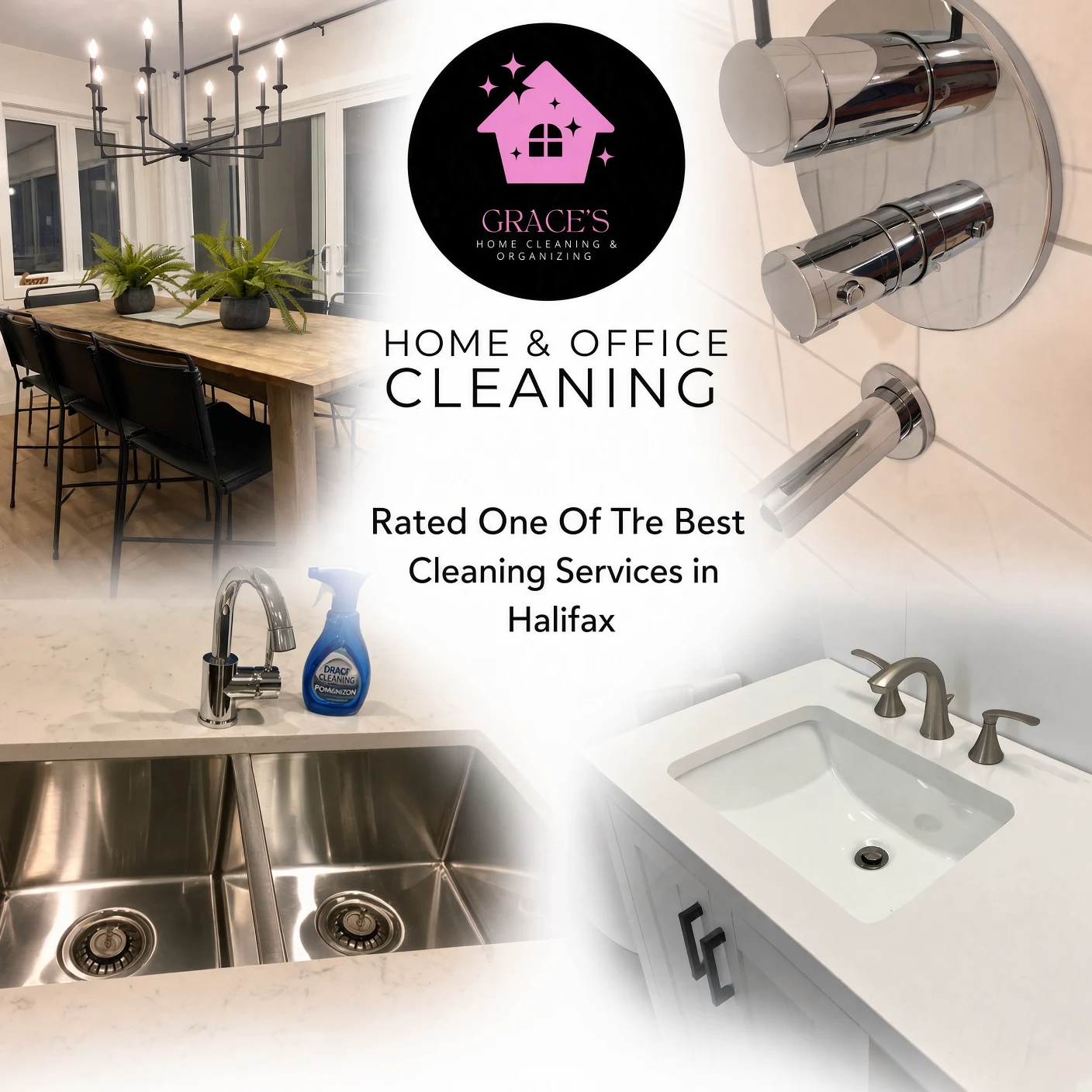 Grace's Home & Office Cleaning — cleaned dining, bath, and kitchen collage