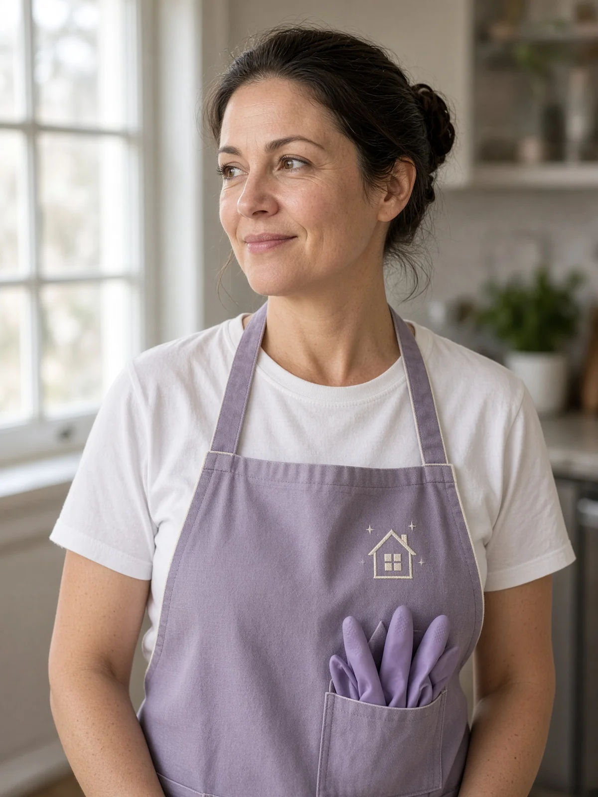 A Grace's cleaner in a lavender apron, standing in a bright kitchen